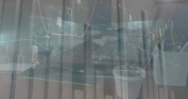 Image of statistics processing over cityscape. global business and data processing concept digitally generated image.