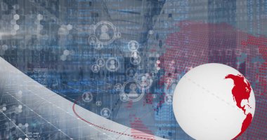 Image of spinning globe, profile icons and data processing over empty computer server room. Global networking and business data storage technology concept