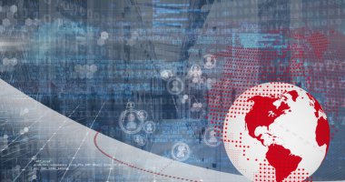 Image of spinning globe, profile icons and data processing over empty computer server room. Global networking and business data storage technology concept