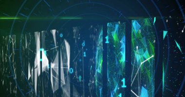 Image of binary coding and shapes on black background. global technology and digital interface concept digitally generated image.