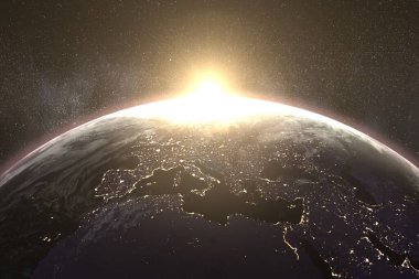 Digitally generated image of shiny sun behind planet Earth