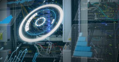 Sunucu odasında veri işleme resmi. küresel teknoloji ve dijital arayüz kavramı dijital olarak oluşturulmuş görüntü.