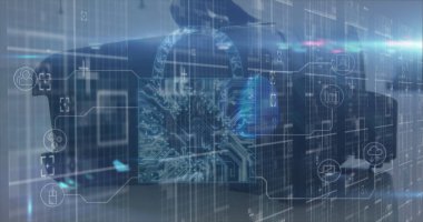 Image of online security padlock and data processing over vr headset. global online security, data processing and digital interface concept digitally generated image.