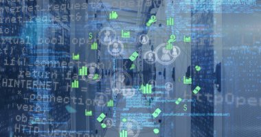 Image of globe of financial icons, profile icons and data processing over server room. Global finance and business data storage technology concept
