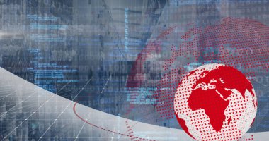 Image of spinning globe, profile icons and data processing over empty computer server room. Global networking and business data storage technology concept