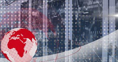 Image of spinning globe, network of connections and data processing over computer server room. Global networking and business data storage technology concept