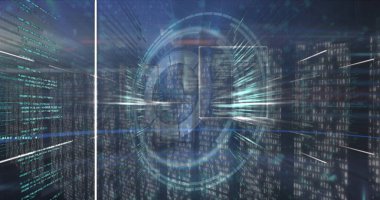Image of round scanner and data processing over multiple screens of mosaic squares. Computer interface and business technology concept