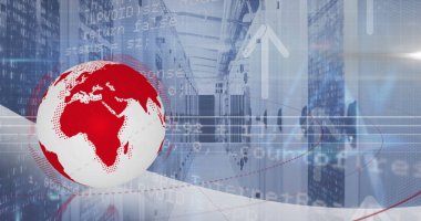 Image of spinning globe, arrow icons and data processing over empty computer server room. Global networking and business data storage technology concept