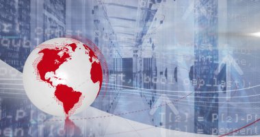 Image of spinning globe, arrow icons and data processing over empty computer server room. Global networking and business data storage technology concept