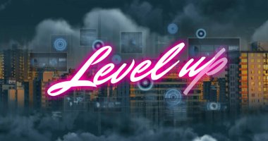 Image of level up text and data processing over cityscape. social media and communication interface concept digitally generated image.