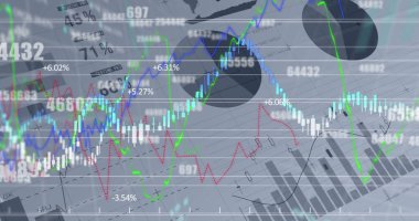 Image of graphs and financial data over grey background. global finance, economy and technology concept digitally generated image.