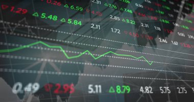 Modern bina üzerinde veri işleme görüntüsü. küresel iş, finans ve dijital arayüz kavramı dijital olarak oluşturulmuş görüntü.