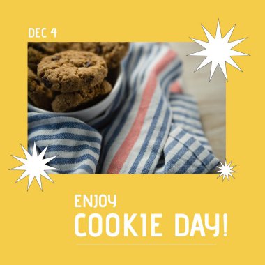 Composite of dec 4 and enjoy cookie day text with chocolate chip cookies with cloth in bowl on table. Copy space, abstract, biscuits, sweet food, holiday, tradition and celebration concept.