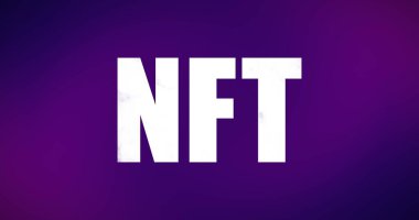 Image of white nft text on purple background. cryptocurrency, business and finance concept digitally generated image.