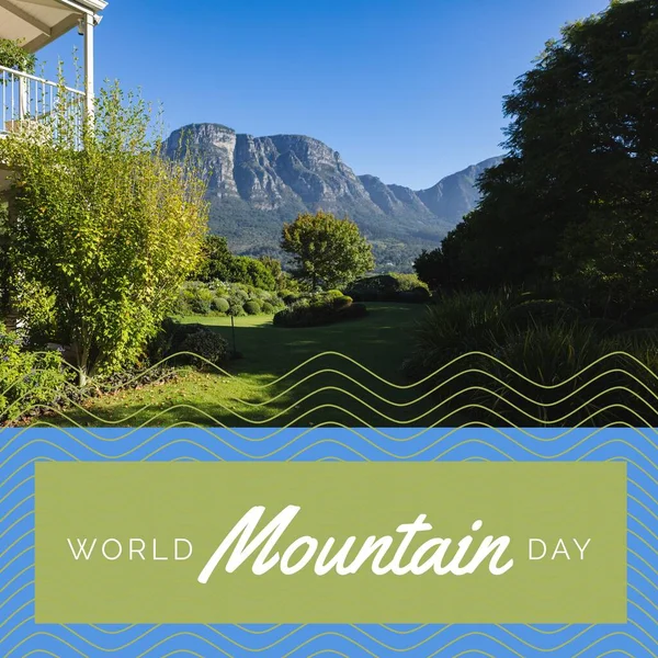 Composition of world mountain day text over landscape. International mountain day and celebration concept digitally generated image.