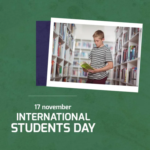 Composite of caucasian boy reading book in library and 17th november with international students day. Text, copy space, childhood, school, education, czech university, memorial and awareness concept.