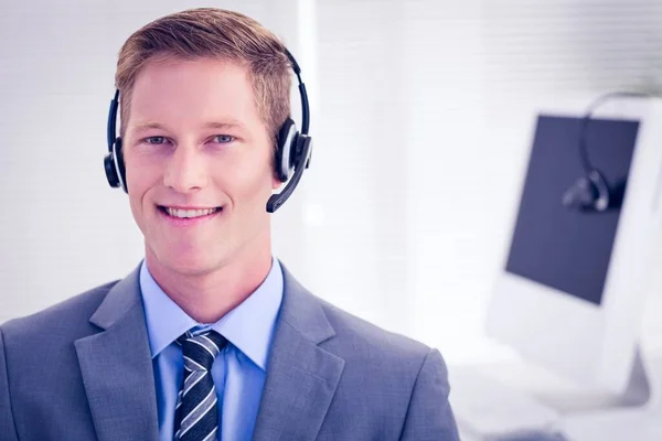 Close View Happy Businessman Headset Call Center — Stok fotoğraf