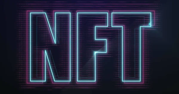 Image of glowing neon blue and purple outlined nft text on black background. cryptocurrency, business and finance concept digitally generated image.
