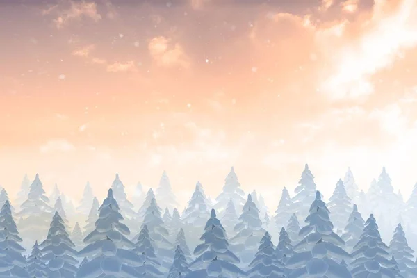 Sneeuw Vallen Fir Tree Forest Met Kopie Ruimte — Stockfoto