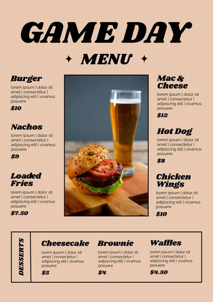 Composition of game day menu text over menu options and burger with beer on beige background. Football menu concept digitally generated image.