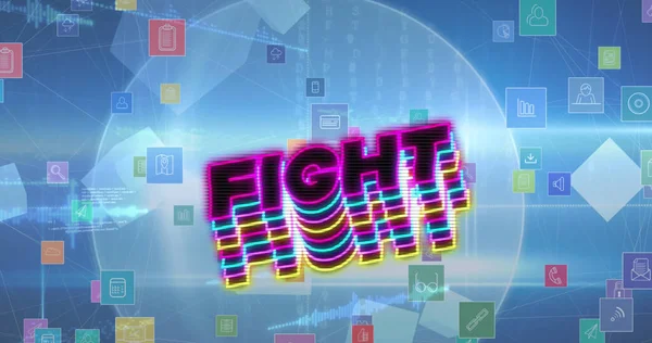Image of fight text and media icons on blue background. social media and communication interface concept digitally generated image.