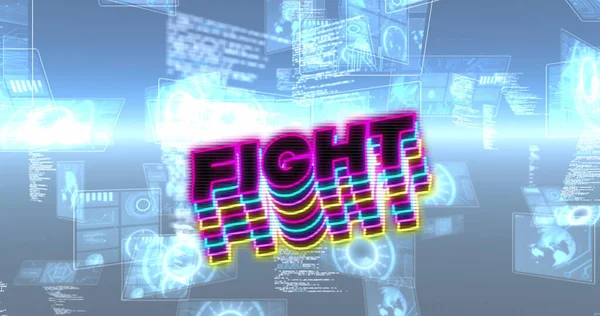 Image of fight text and data processing on black background. social media and communication interface concept digitally generated image.