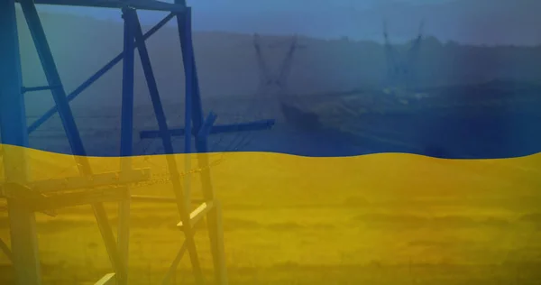 Image Flag Ukraine Field Electricity Poles Ukraine Crisis Economic Energetic — Zdjęcie stockowe