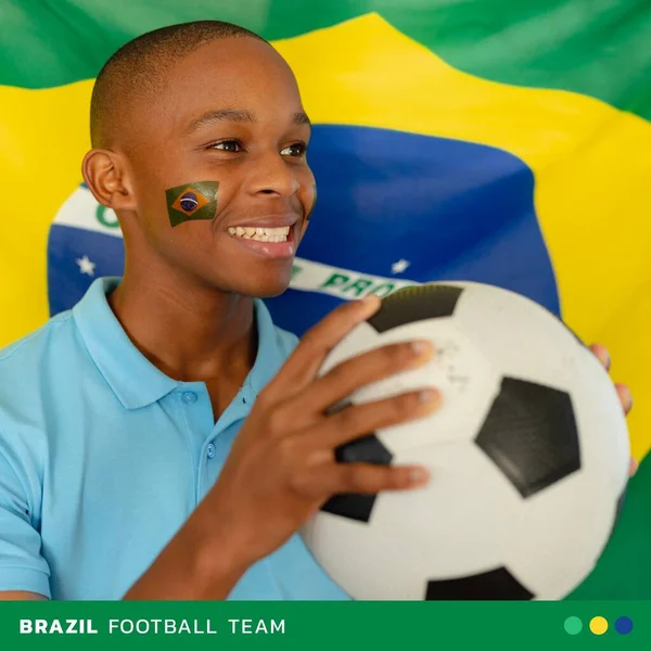 Composition Brazil Football Team Text African American Male Supporter Flag — Stock Photo, Image