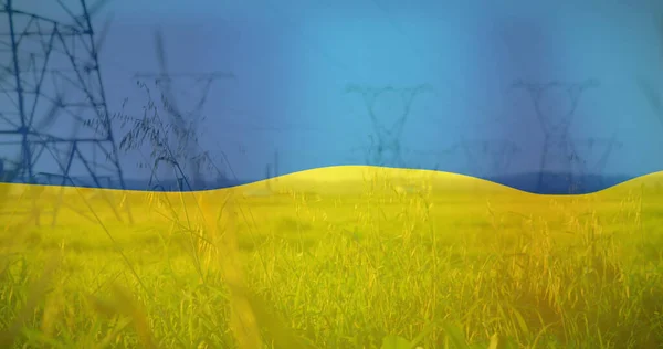 Image Flag Ukraine Field Electricity Poles Ukraine Crisis Economic Energetic — Stock Photo, Image