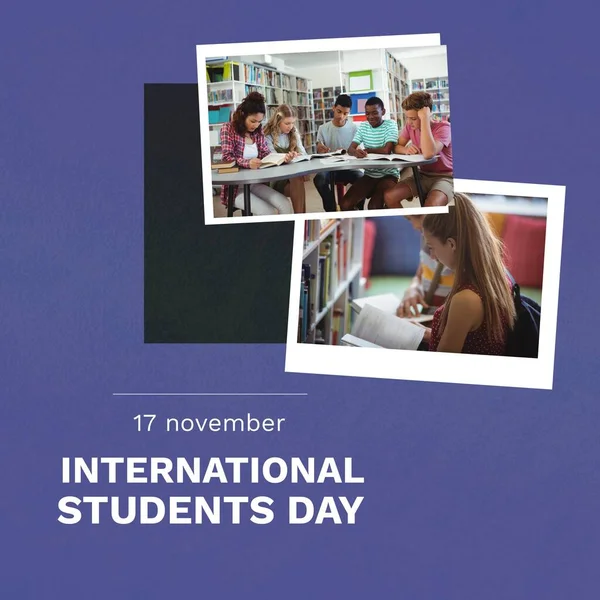 Collage Diverse Children Reading Books Library 17Th November International Students — Stockfoto