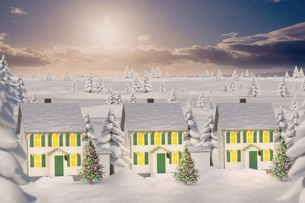 Winter village illustration over cloudy sky