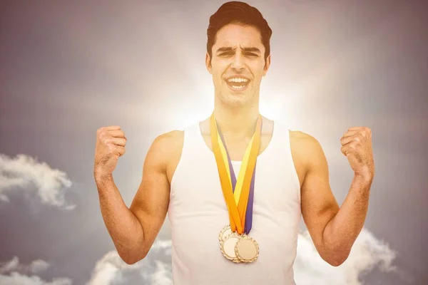 Portrait Happy Successful Male Athlete Sky Sunset — Stock Fotó