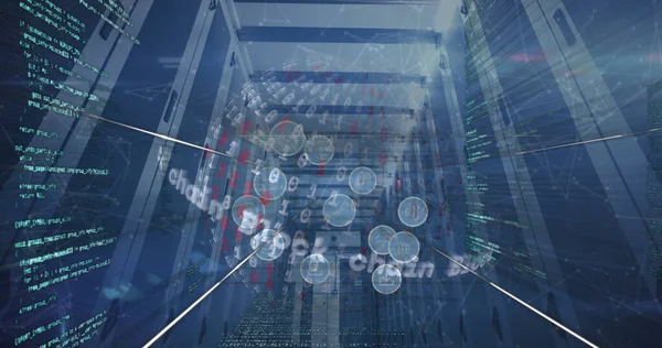Image of security chain, globe of digital icons and data processing over computer server room. Cyber security and business data storage technology concept