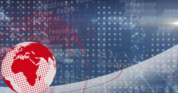 Image of spinning globe and data processing over grid network against blue background. Global networking and business technology concept