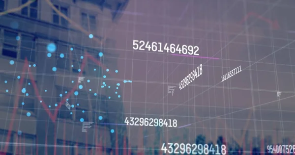 Image of data processing over modern building. global business, finances and digital interface concept digitally generated image.