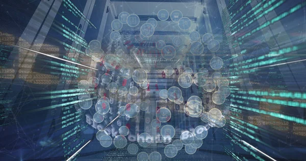 Image of security chain, globe of digital icons and data processing over computer server room. Cyber security and business data storage technology concept