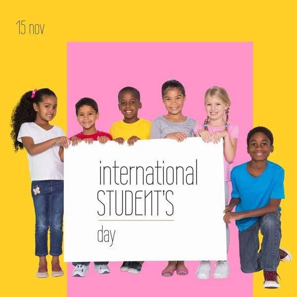 Composition of international student\'s day text over diverse schoolchildren. International student\'s day and celebration concept digitally generated image.