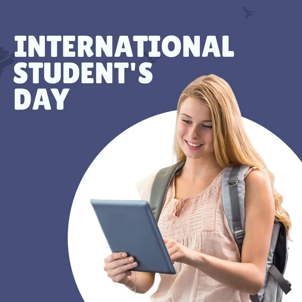 Composition of international student\'s day text over caucasian female student using tablet. International student\'s day and celebration concept digitally generated image.