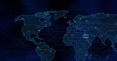 Animation of data processing and markers over world map. global connections and data processing concept digitally generated video.