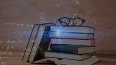 Animation of mathematical equations over schoolgirl wearing vr headset. Sports fitness and technology concept.