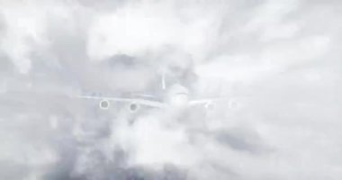 Animation of digital plane over sky with clouds. Global transport, travel and digital interface concept digitally generated video.
