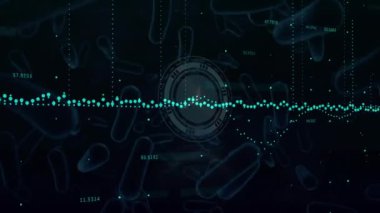 Animation of mathematical equations over scope scanning on black background. Global education science digital interface and technology concept digitally generated video.