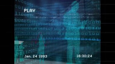 Animation of data processing over screen on black background. Global business and data processing concept digitally generated video.