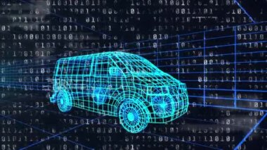 Animation of digital data processing over car model spinning on black background. Global data processing concept digitally generated video.