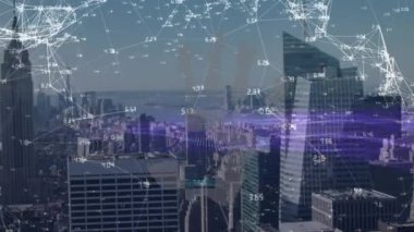 Animation of cityscape over cityscape. Global business data processing and connections concept digitally generated video.