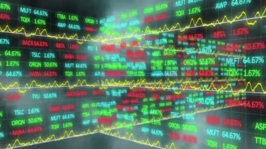 Şehir manzarası üzerinde finansal veri işleme animasyonu. Küresel iş dijital arayüzü teknolojisi ve dijital olarak oluşturulan ağ konsepti.