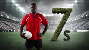 Afrika kökenli Amerikan rugby oyuncusunun animasyonu ragbi sahasındaki spor stadyumunda 7s metni. küresel spor ve yarışma konsepti dijital olarak oluşturulmuş video.