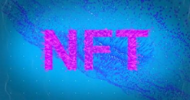 Mor renkli metin pankartı mavi arkaplanda mavi dijital dalgaya karşı. Kripto para birimi ve sanat teknolojisi kavramı