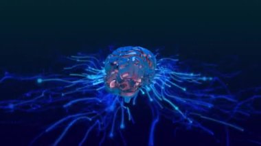 Human brain icon spinning over glowing blue light trails against black background. mental health day awareness concept