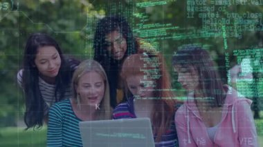 Animation of data processing over diverse business people using laptop. Global business digital interface technology and networking concept digitally generated video.